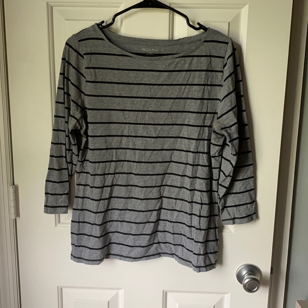 Gray and Black Striped 3/4 Length Sleeve Top